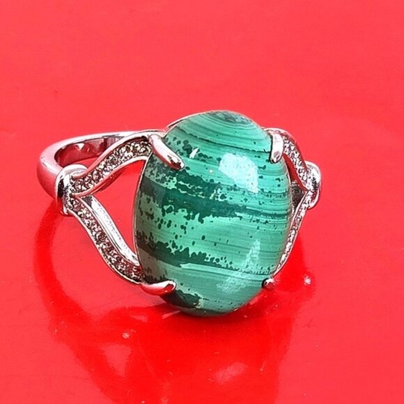 925 Sterling Silver Ring Sz 8.5 with Natural Malachite & CZ - Picture 8 of 13